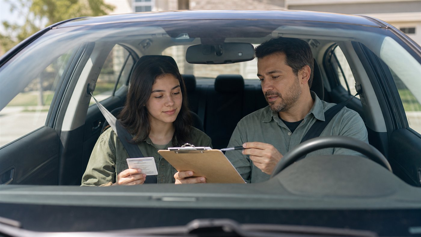 Learner driver and adult supervisor reviewing a learner permit and practice log before supervised driving