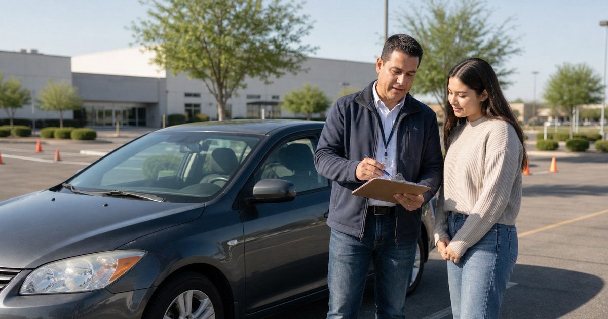 A learner driver reviews a behind-the-wheel road test checklist beside a car before test day