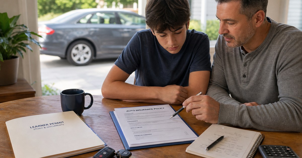 A parent and teen review car insurance paperwork at a table with car keys and a parked car nearby