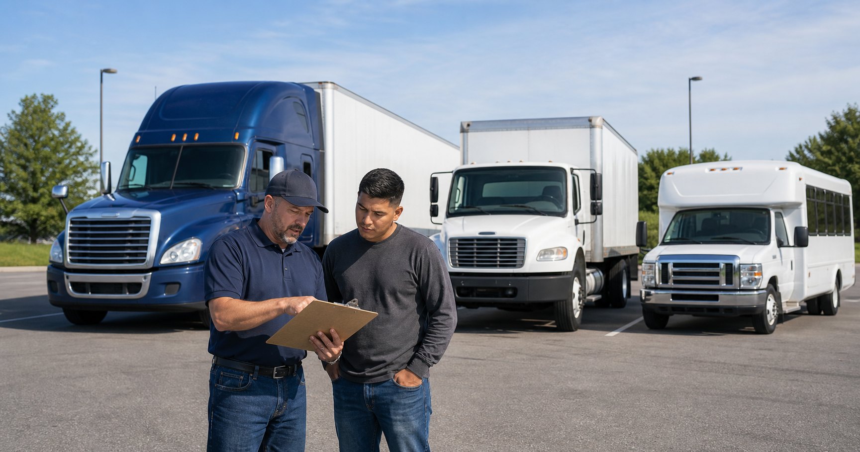 CDL instructor and trainee reviewing paperwork in front of a semi truck, straight truck, and passenger shuttle bus