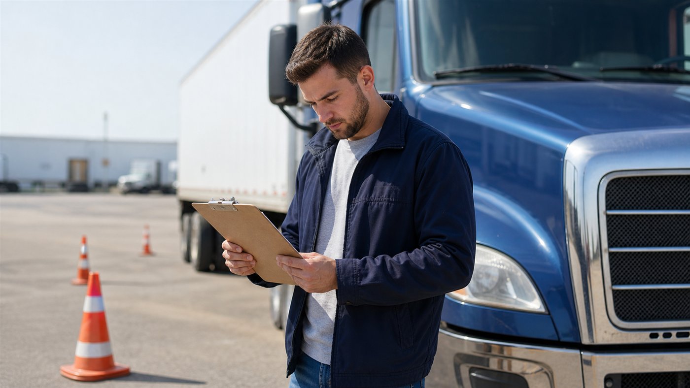 CDL student reviewing a checklist beside a semi truck in a driver training yard
