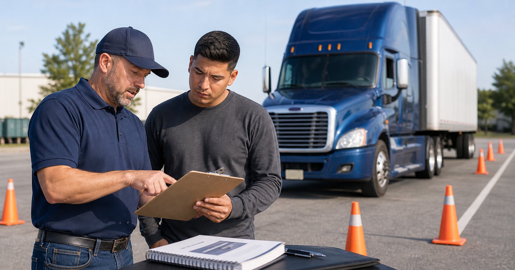 CDL trainee and instructor reviewing a checklist beside a semi truck and skills test cones