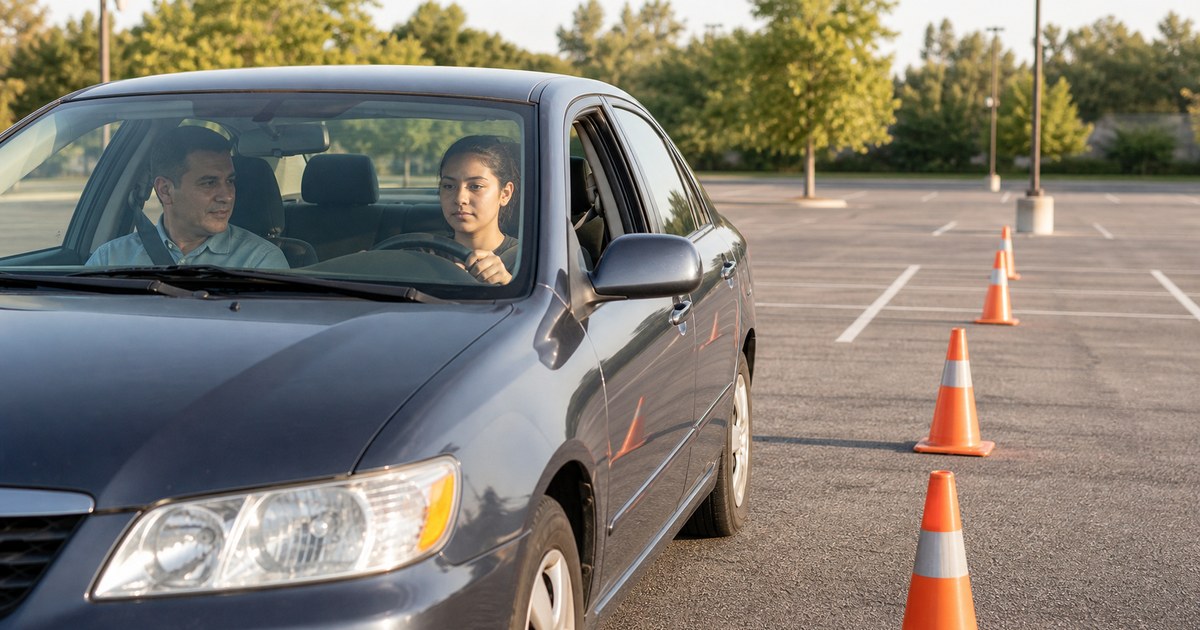 A learner driver practices in an empty parking lot with an adult supervisor in the passenger seat