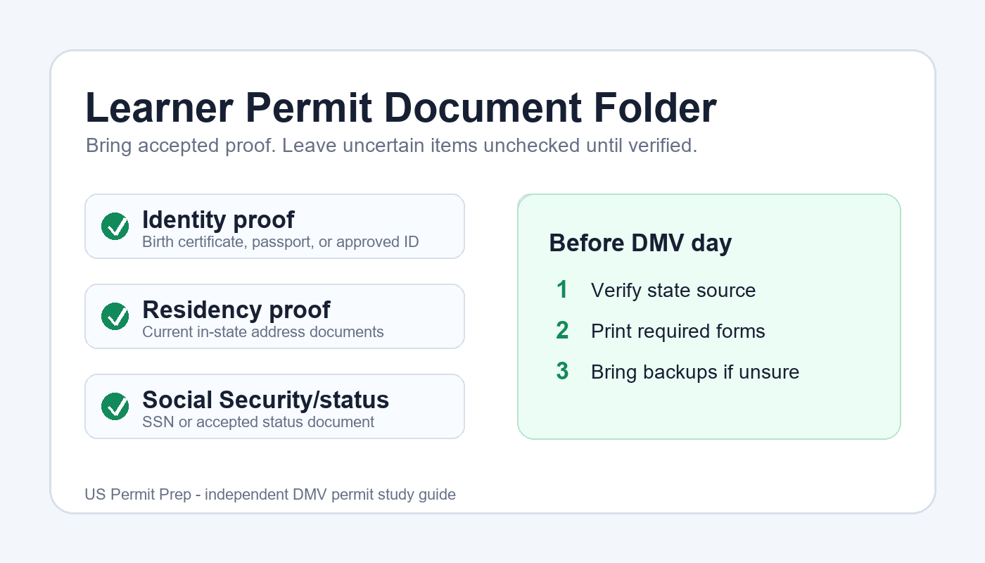 Learner permit document folder checklist showing identity, residency, Social Security or status proof, teen forms, fee, and application items.