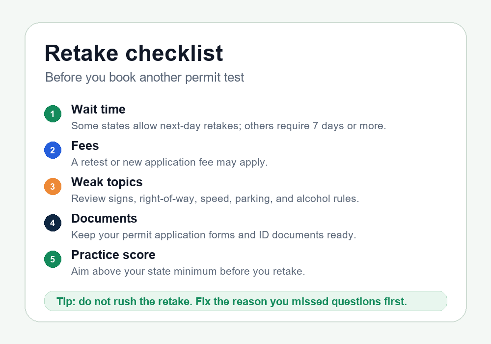 Permit test retake checklist showing wait time fees weak topics documents and practice score