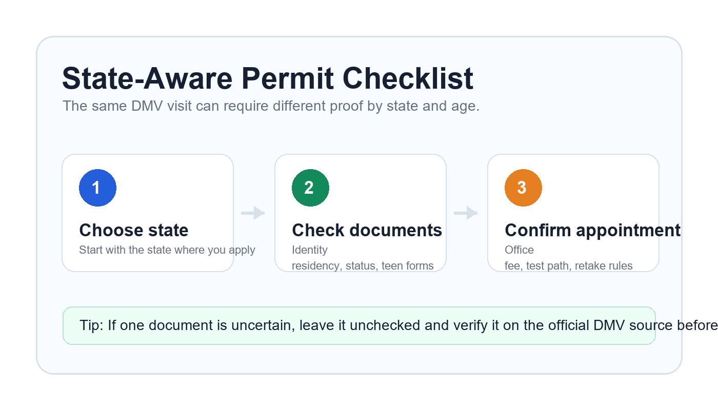 State-aware permit checklist flow showing choose state, check documents, and confirm appointment before a DMV permit visit.