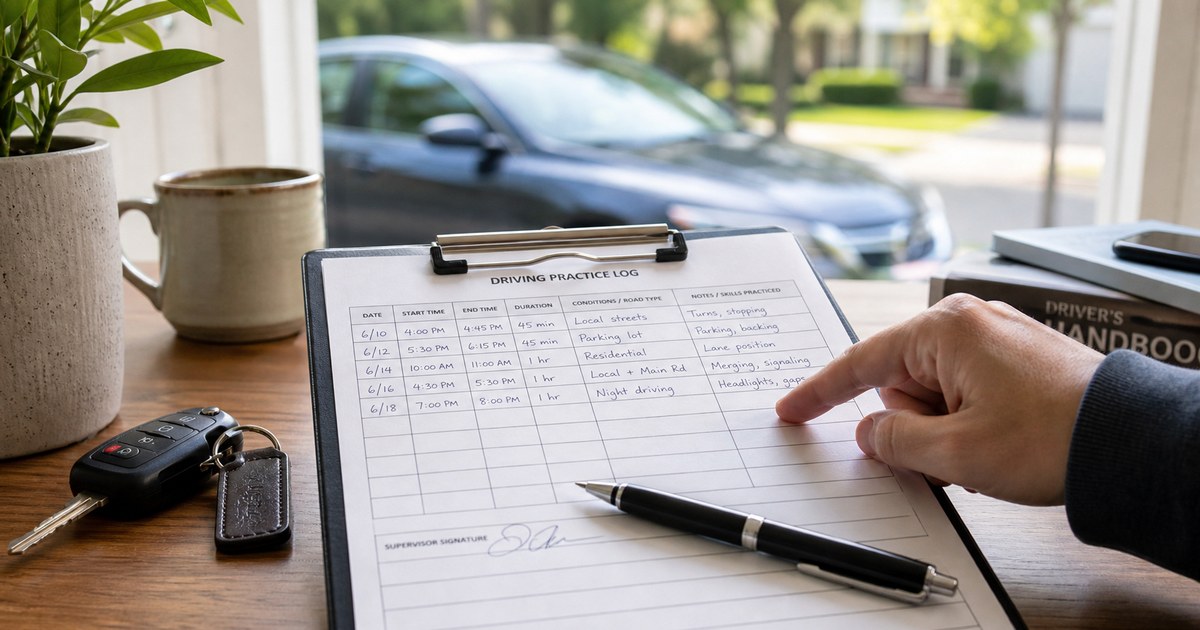 A supervised driving practice log with car keys, a pen, and a parked car before a learner permit practice session