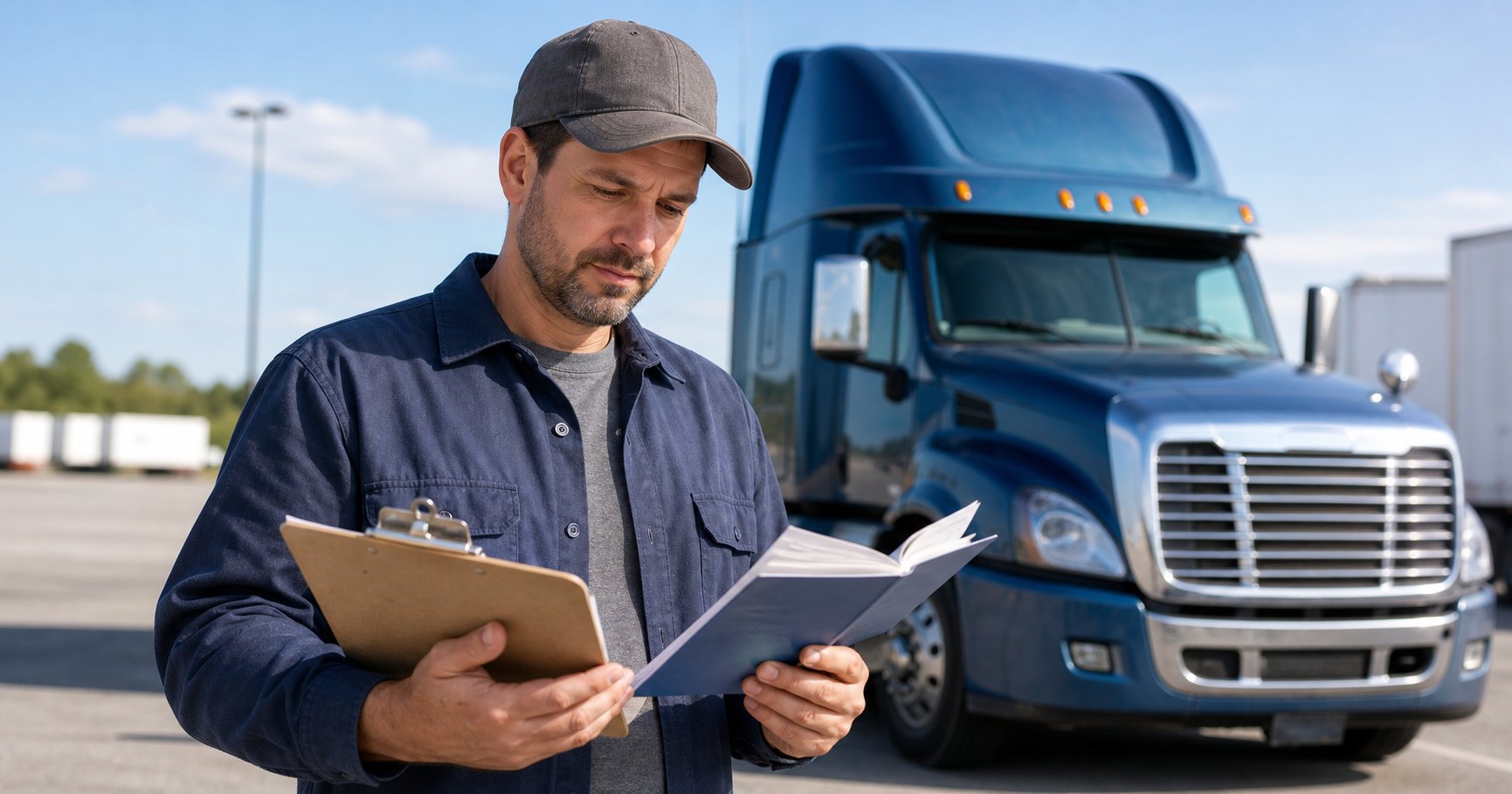 Commercial truck driver reviewing CDL study documents beside a semi truck in a training yard
