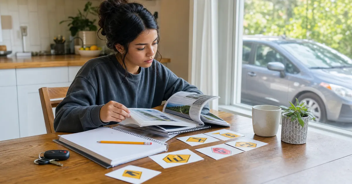Learner studying a driver handbook and road-sign flashcards for the California DMV permit test