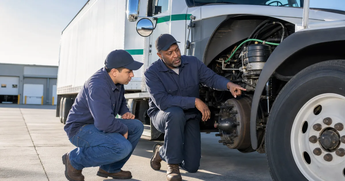 CDL trainee and instructor inspecting air-brake components beside a commercial truck