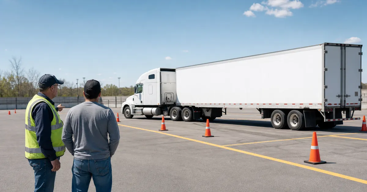 CDL instructor and trainee reviewing a tractor-trailer basic control skills course marked with orange cones
