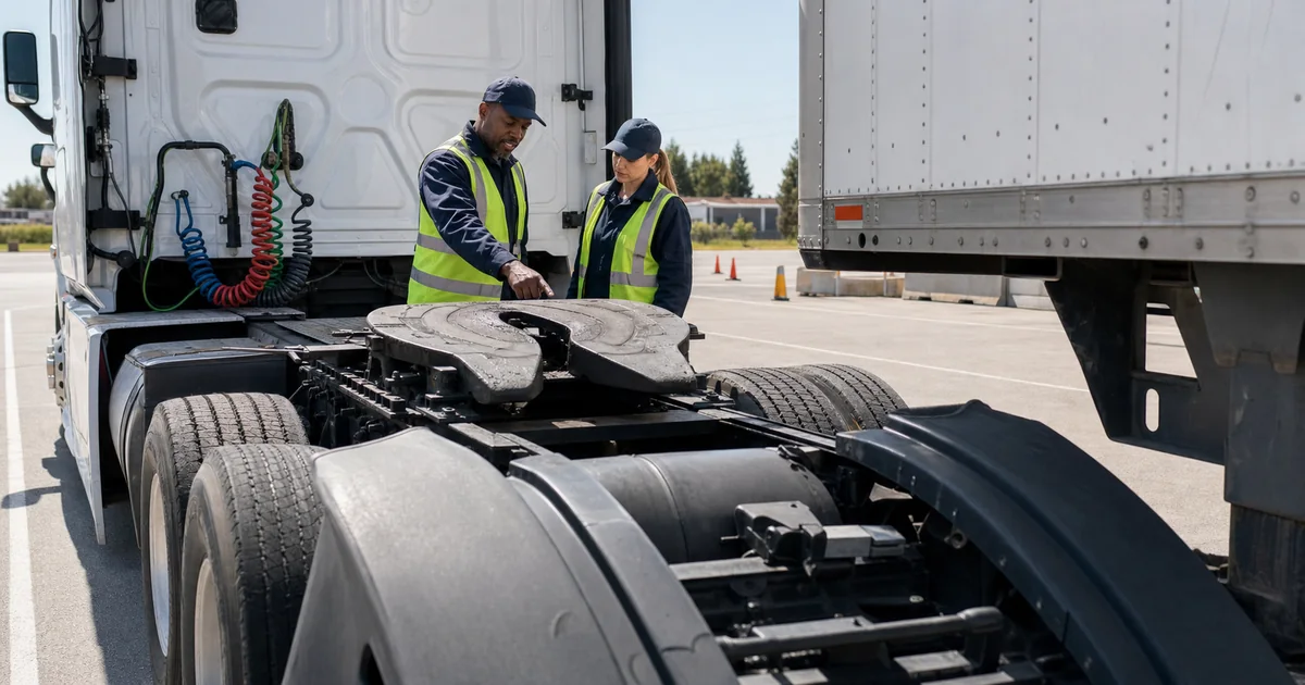 CDL instructor and trainee inspecting a tractor fifth wheel before coupling to a semitrailer