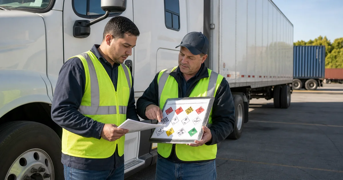 CDL instructor and trainee reviewing hazardous-material placards and shipping papers beside a tractor-trailer