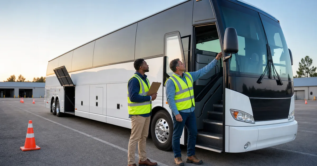 CDL instructor and trainee inspecting a commercial passenger bus before an endorsement test