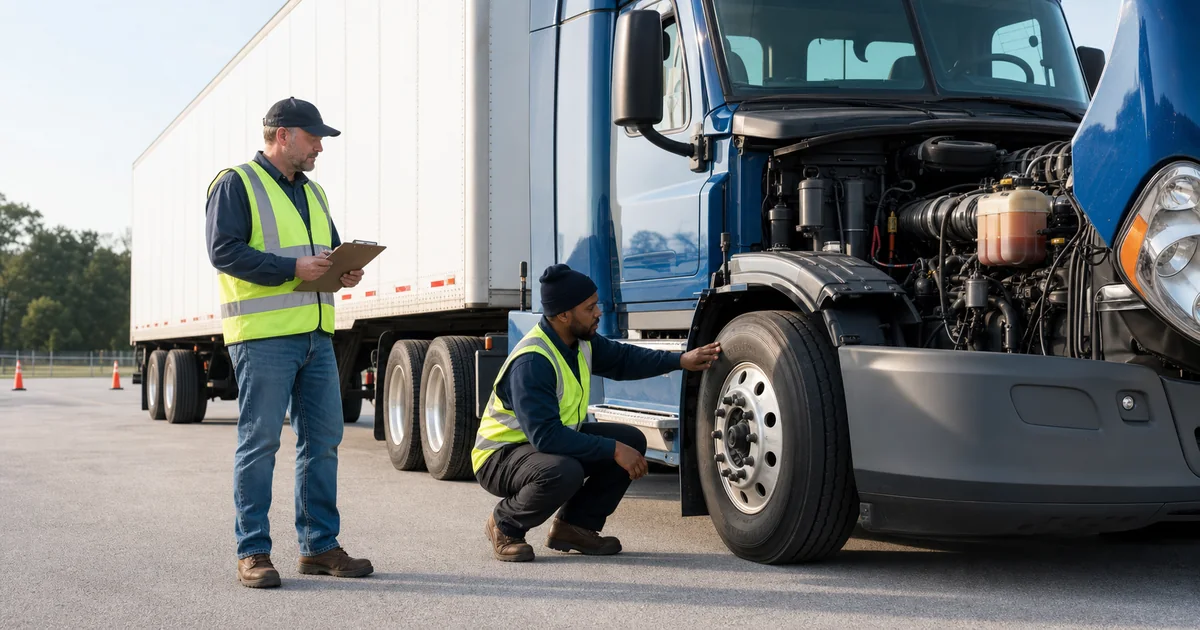 CDL instructor and trainee inspecting a tractor-trailer engine compartment and front tire before a skills test