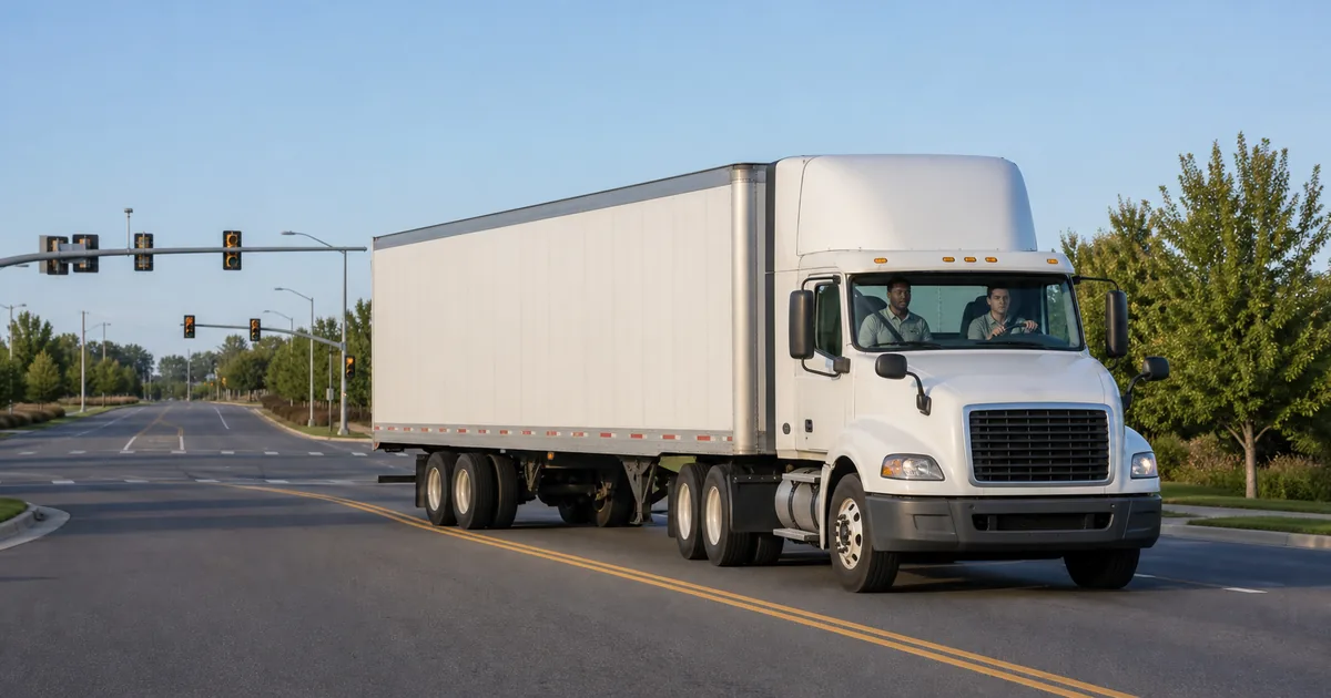 CDL trainee and instructor driving a tractor-trailer through a controlled right turn on a road-test practice route