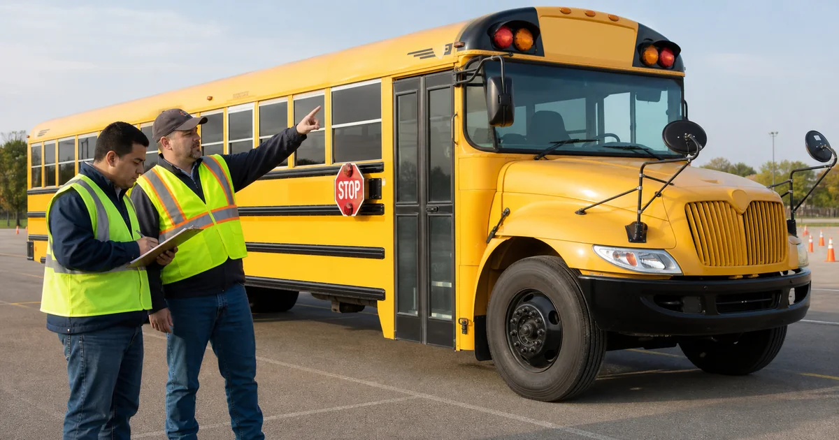 CDL instructor and trainee inspecting a yellow school bus before an endorsement test