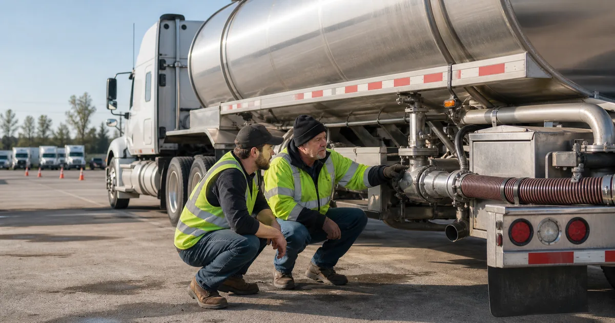 CDL instructor and trainee inspecting the closed valves and hose connections of a stainless-steel tanker trailer
