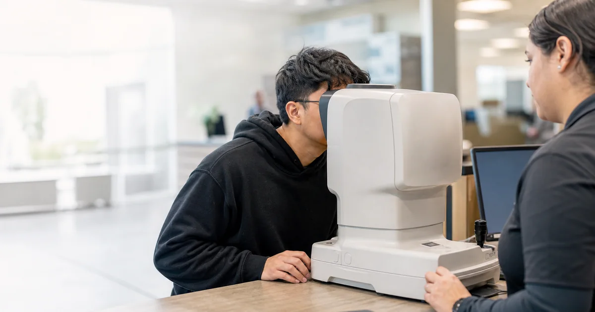 Learner completing a vision screening at a driver licensing office counter