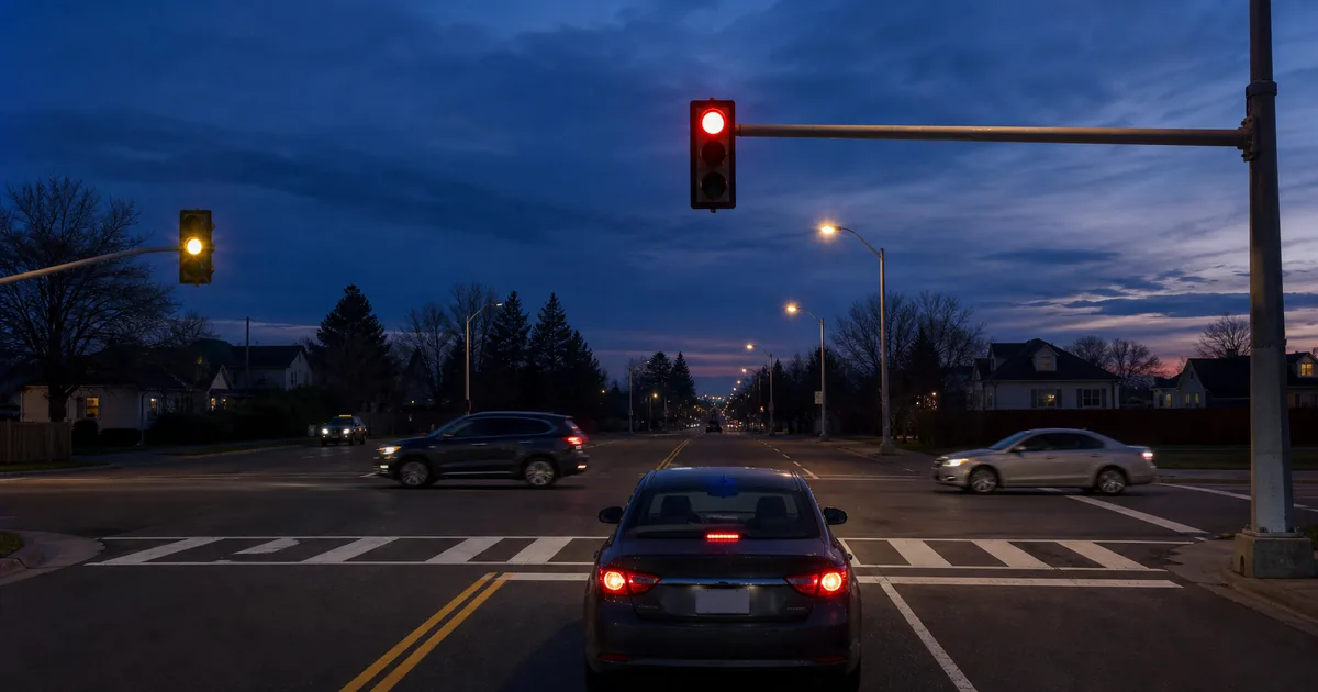Car stopped at a flashing red signal while cross traffic proceeds cautiously under flashing yellow