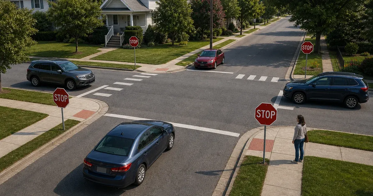 Four vehicles stopped behind the lines at a residential four-way stop with a pedestrian waiting on the sidewalk