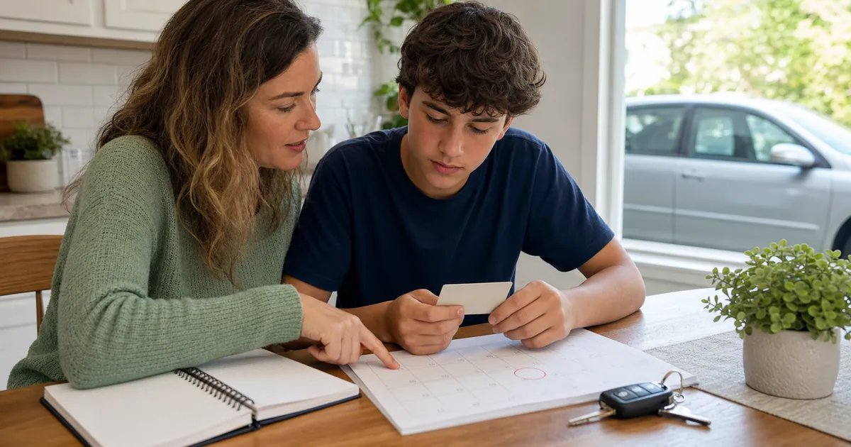 Learner driver and parent checking a permit expiration date on a calendar