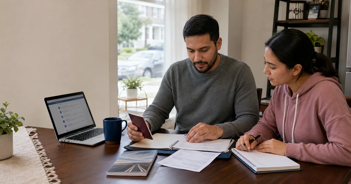 Adult learner organizing identity and residency documents for a US learner permit appointment