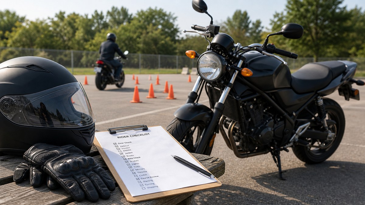 Motorcycle training range with cones, helmet, gloves, and license checklist