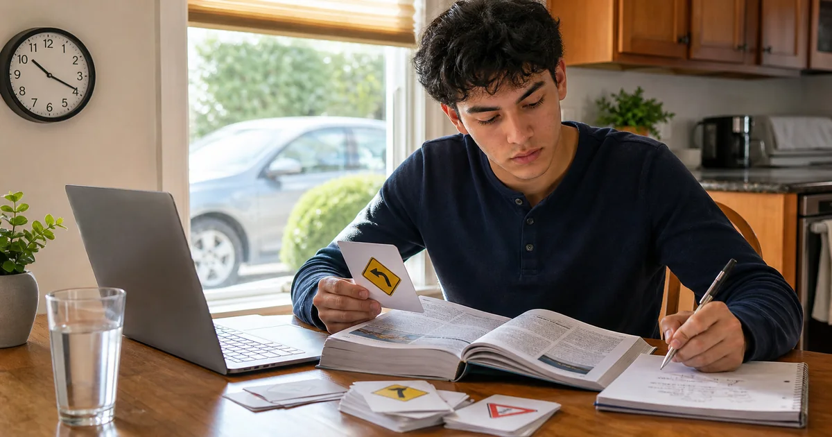Learner using a driver handbook, road sign cards, and practice questions during a one-day permit test study plan