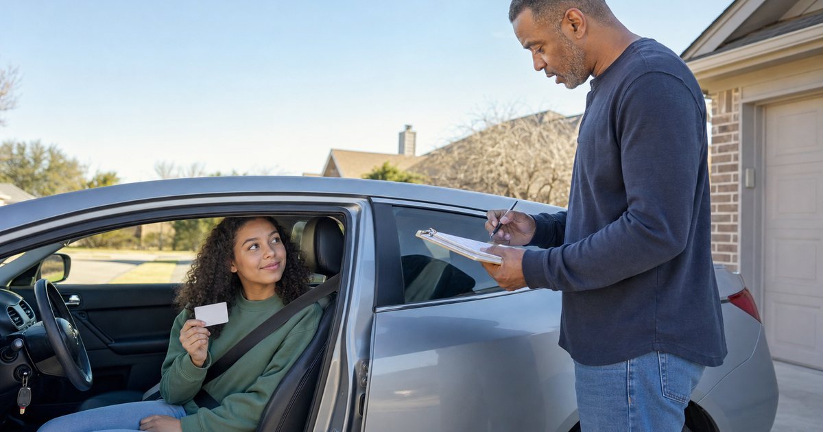 Learner driver showing a permit card while an adult supervisor reviews a practice checklist