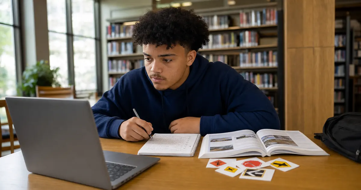 Learner reviewing commonly missed DMV permit test questions with a handbook and error log