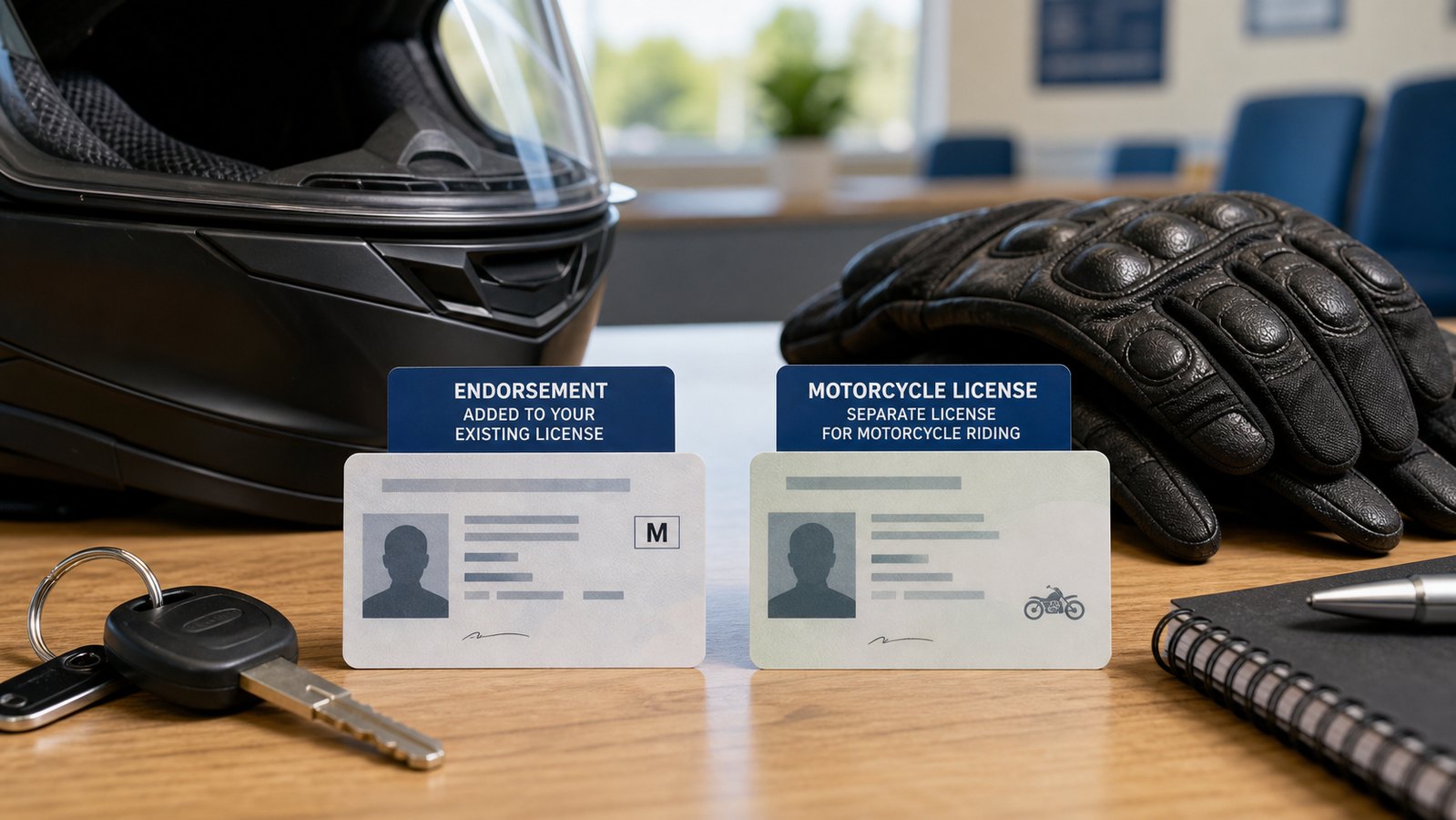 Motorcycle helmet, gloves, and generic cards showing motorcycle endorsement versus motorcycle license