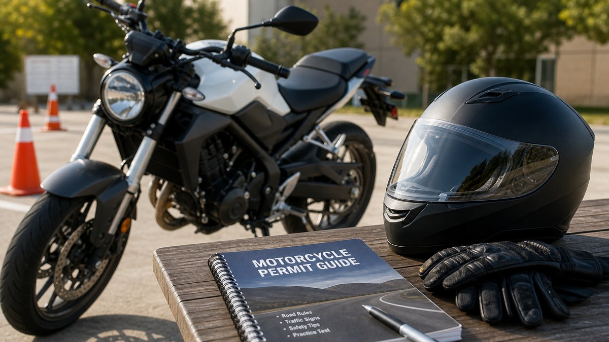 Motorcycle helmet, gloves, and permit study materials beside a parked motorcycle