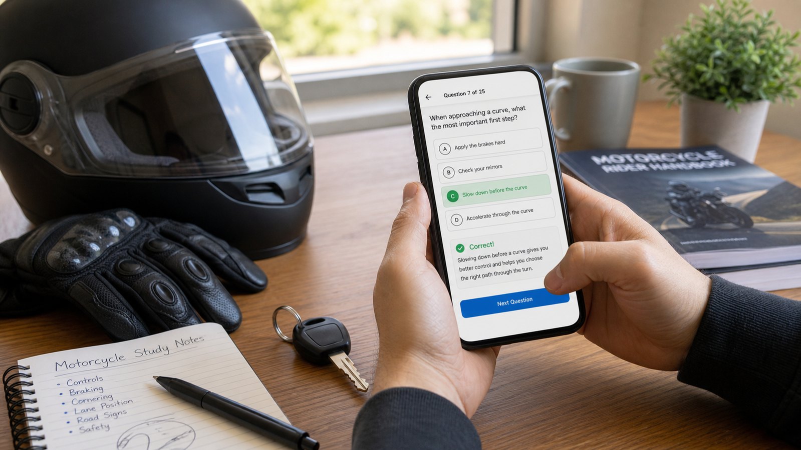 Motorcycle helmet, gloves, and phone showing a practice quiz for motorcycle permit study