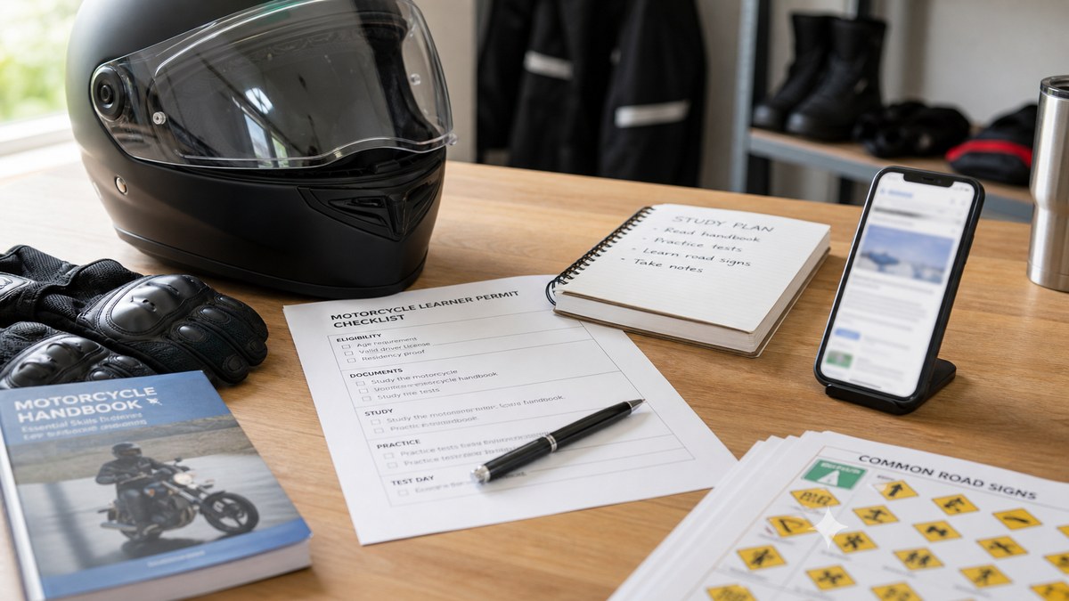 Motorcycle permit study checklist with helmet and riding gloves on a table
