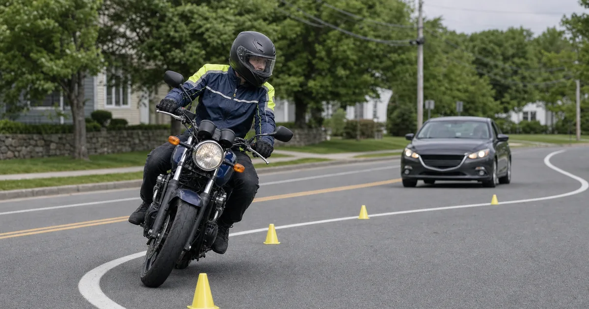 Motorcycle learner practicing a controlled turn on a New York road-test route while the examiner transport car follows