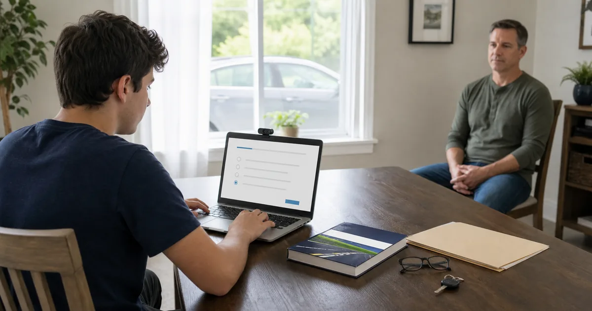 Learner taking an online permit knowledge test at home on a laptop with a webcam and adult supervisor
