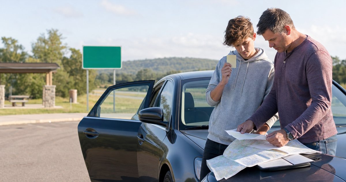 Teen learner driver and adult supervisor checking a permit, map, and insurance documents before interstate travel