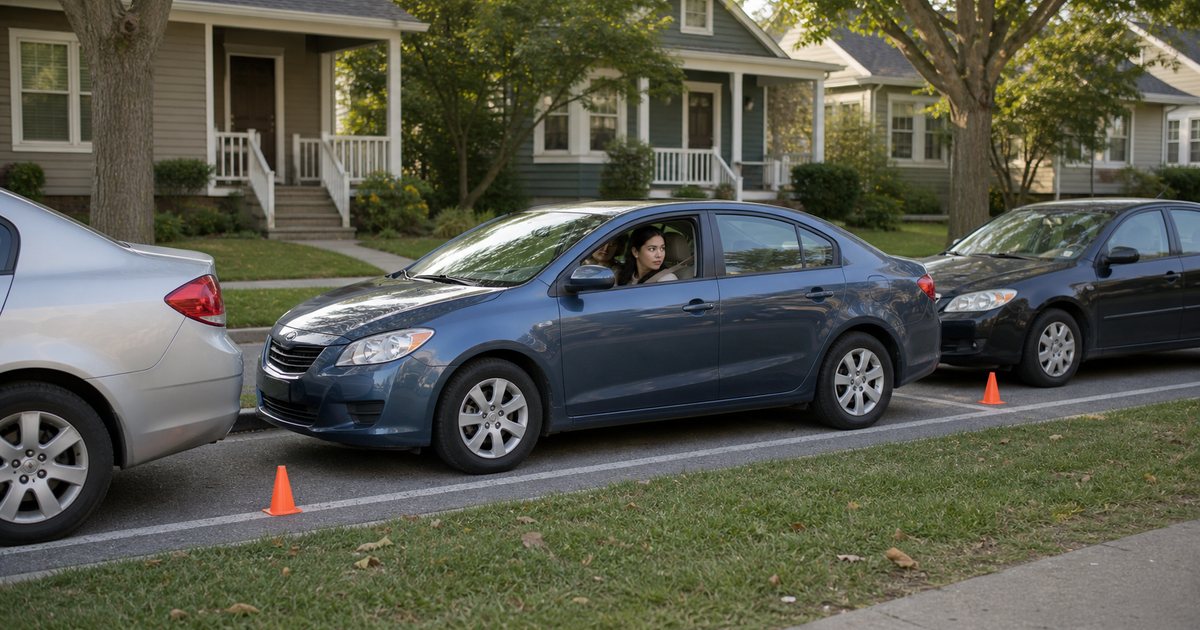 Learner driver practicing parallel parking between two cars with safety cones