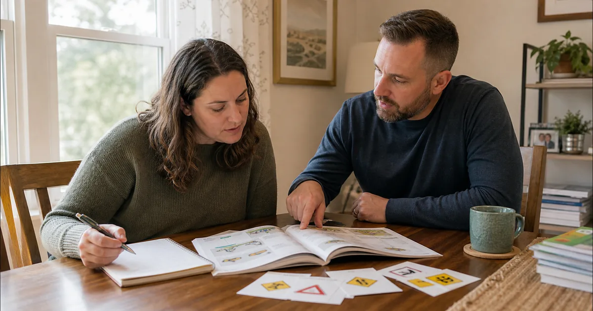 Adult learner studying a driver handbook and road signs with a supportive instructor