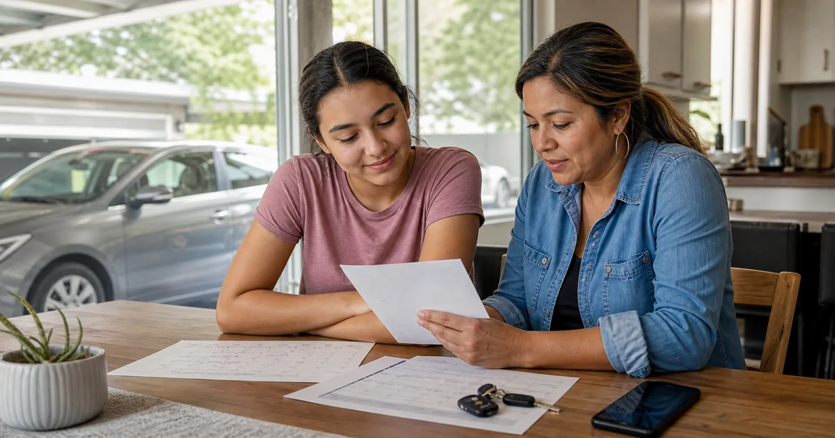 Parent and teenage driver reviewing provisional license rules and a driving schedule at home