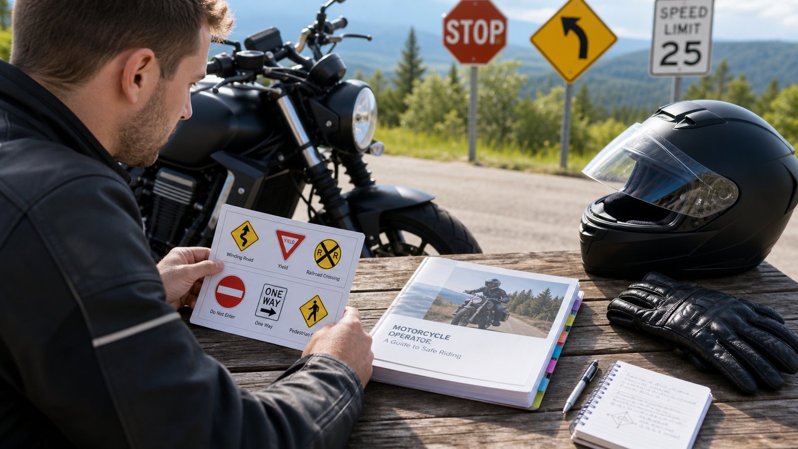 Motorcycle rider studying road sign flashcards beside a motorcycle before a DMV written test