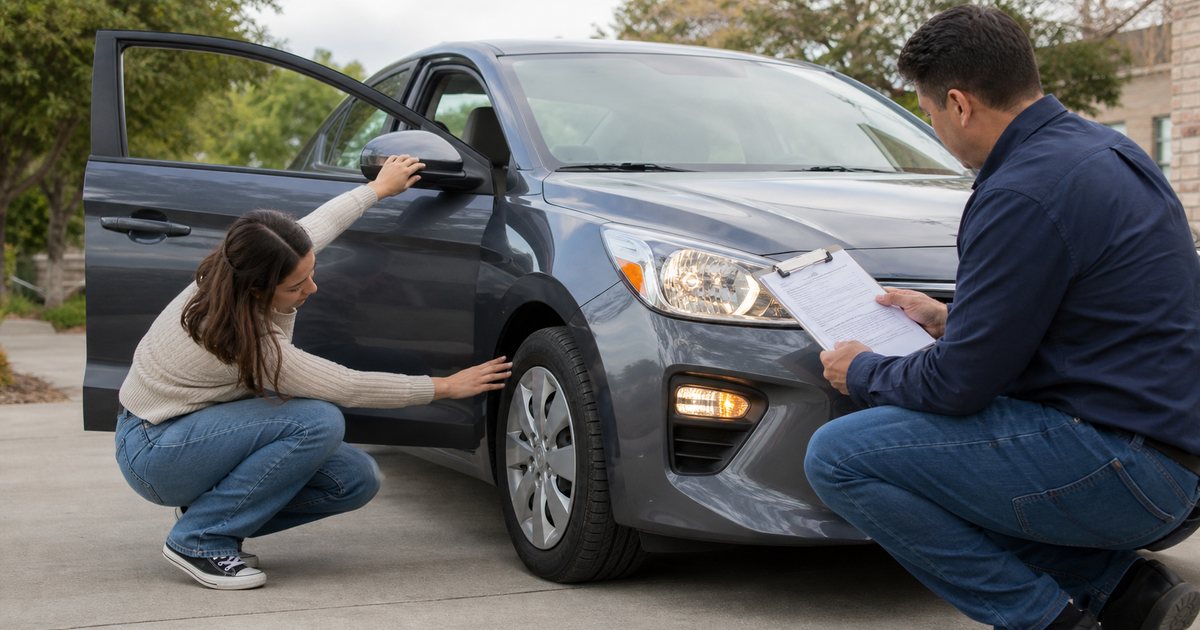 Learner driver and adult checking a car tire and road-test vehicle checklist