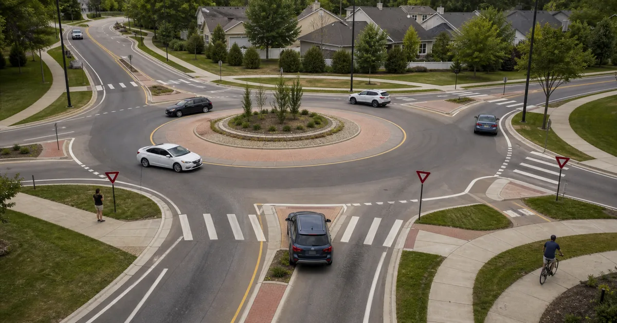 Cars using a modern suburban roundabout while a driver waits at the yield line