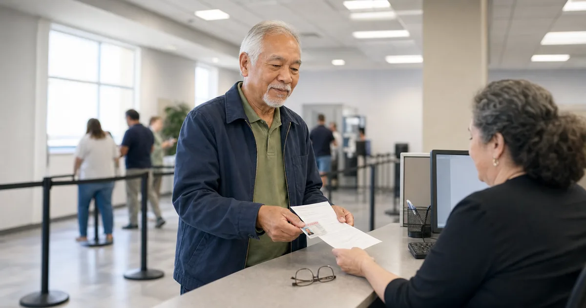 Older driver presenting a license and renewal notice to a clerk at a state motor vehicle office