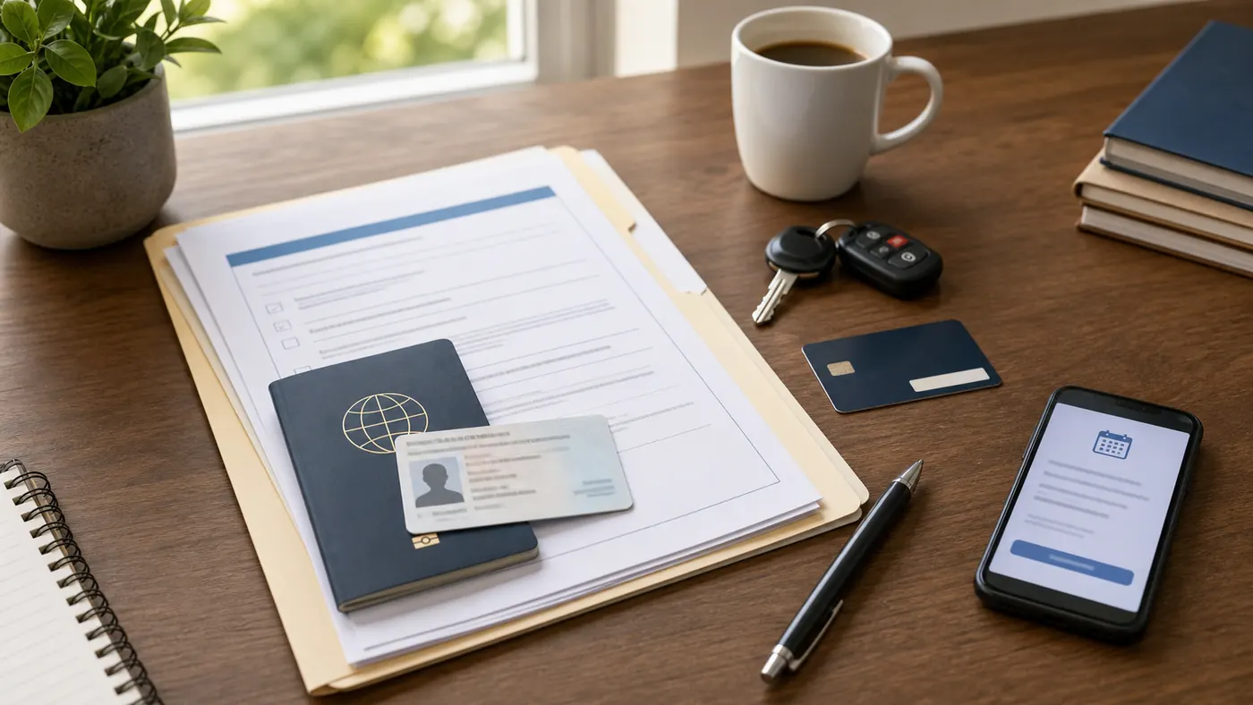 DMV appointment checklist with identity documents, car keys, payment card, and phone reminder