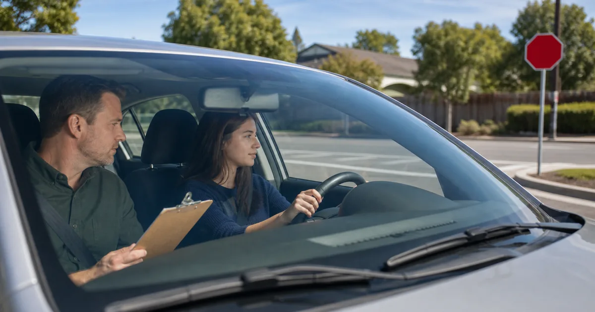 Learner driver stopped behind a stop line during a driving test practice session while an examiner reviews a clipboard