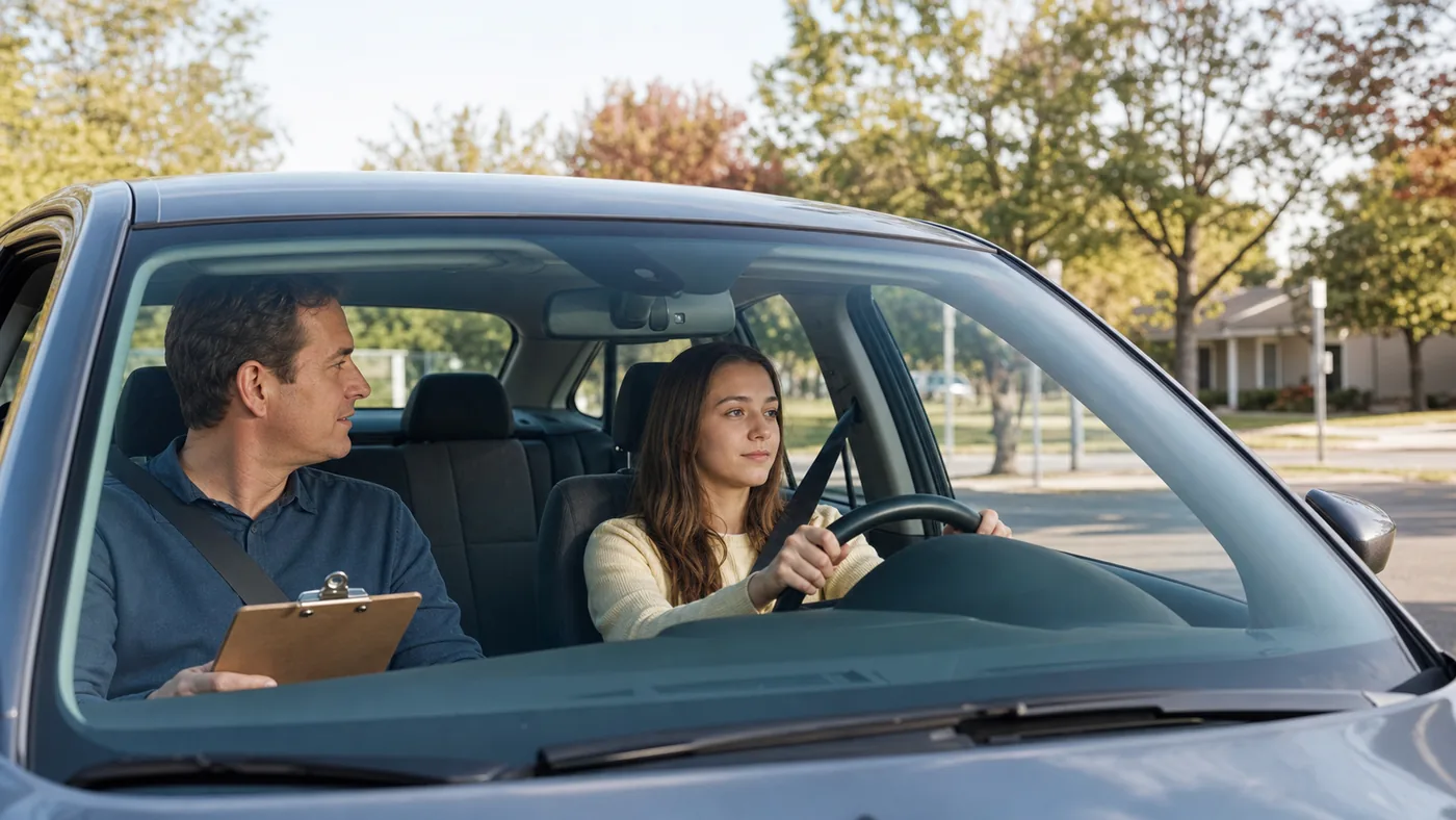 Learner driver practicing with a licensed adult supervisor in the front passenger seat