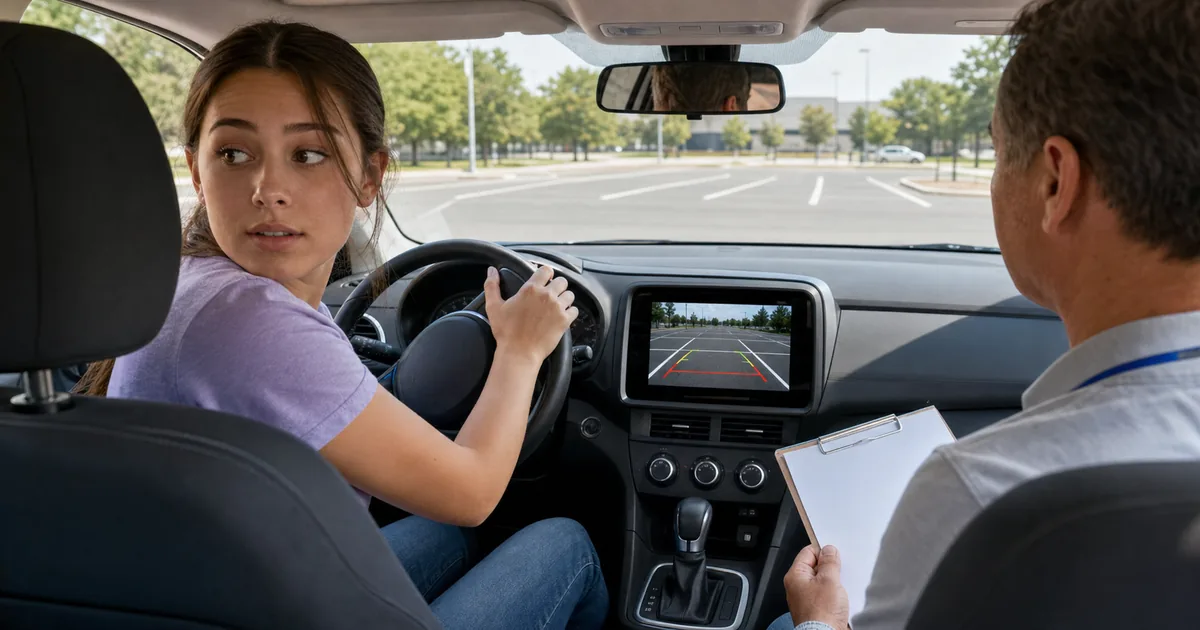Learner driver backing slowly while looking over shoulder and using a backup camera during road test practice